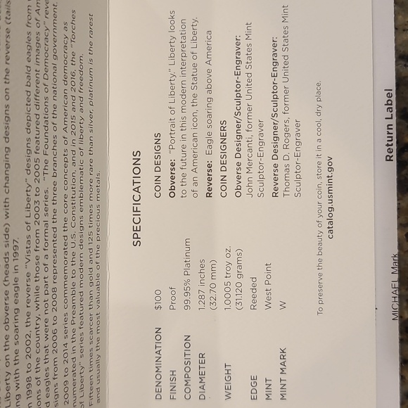 2017 PLATINUM West Point US Mint ANNIVERSARY PROOF 1oz Eagle - Picture 7 of 7